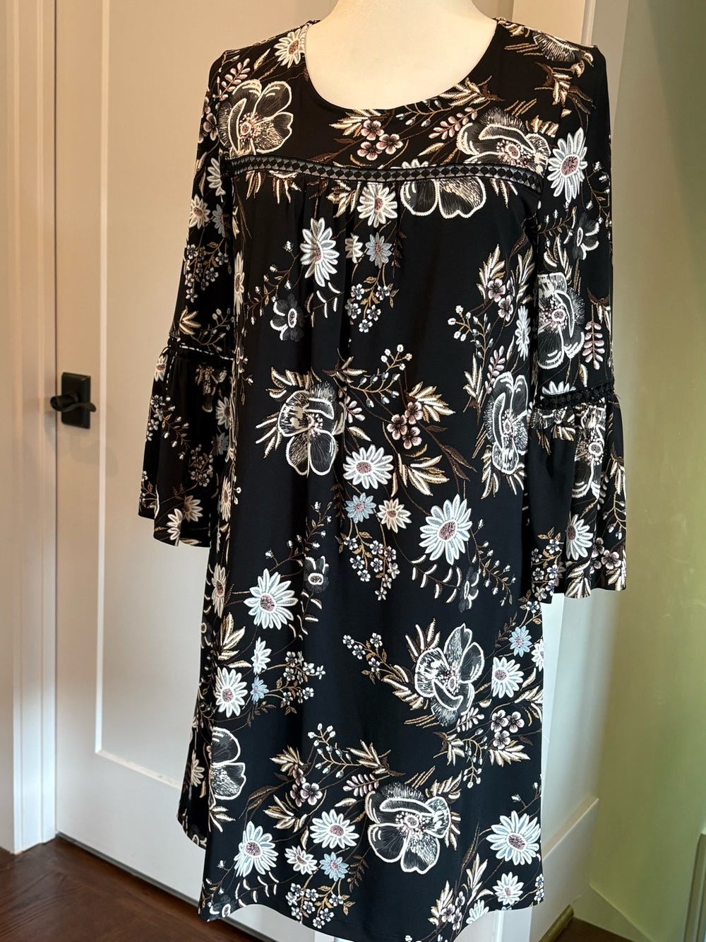 Nina Leonard Black Floral Midi Dress with Bell Sleeves